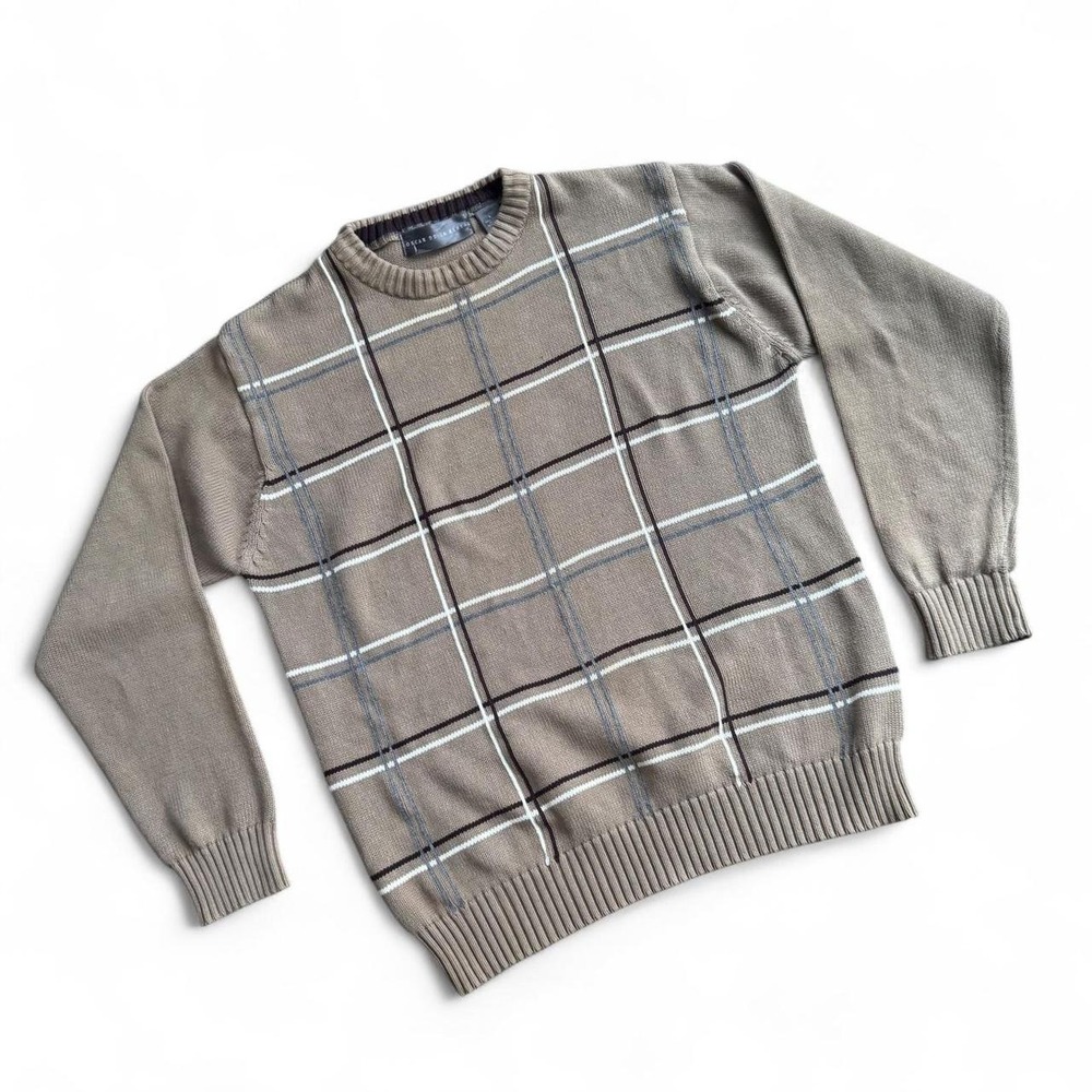 Vintage Oscar De La Renta Plaid Sweater Men's Size Large Tan Crewneck Cotton